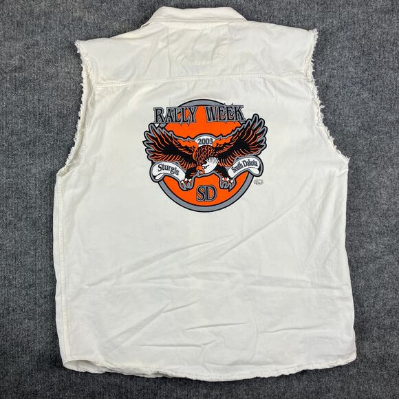 Biker Design Sleeveless Button-Up Shirt Men's 3XL White Frayed Motorcycle Vest - Picture 8 of 9
